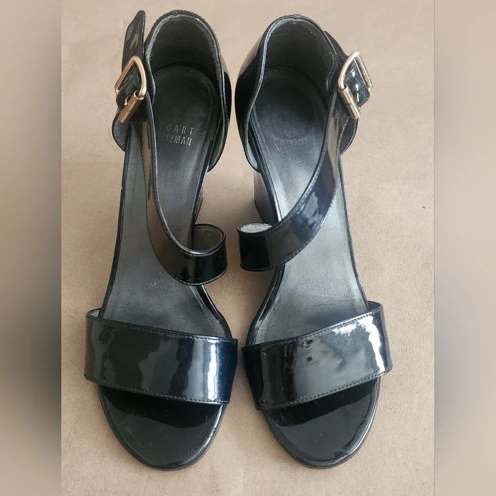 Stuart‎ Weitzman Black Patent Leather Wedge Sandals With Cross Strap Sz 8 - Picture 3 of 7
